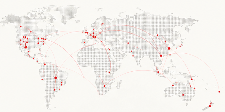 Illustrative global connections on a dotted world map. These dots do not represent verified contributors.
